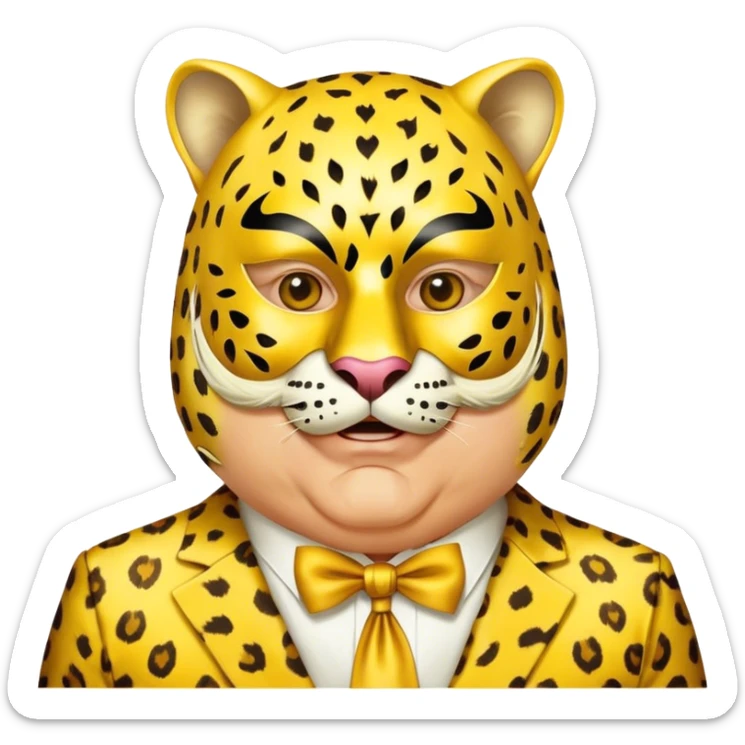 a fat old man, with a yellow suit,  wear half-face golden Leopard masquerade mask sticker