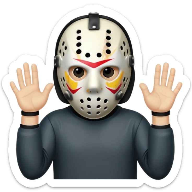 a cartoon image of Jason Voorhees, looking cute, with his hands together in front of him sticker