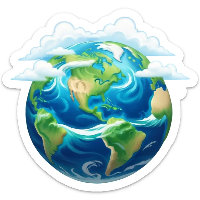 Cinematic Realistic Earth Emoji, depicted with vibrant blue oceans, swirling white clouds, and lush green continents rendered in exquisite detail, high shine, and a soft radiant glow that captures the dynamic, life-sustaining beauty of our home planet. sticker