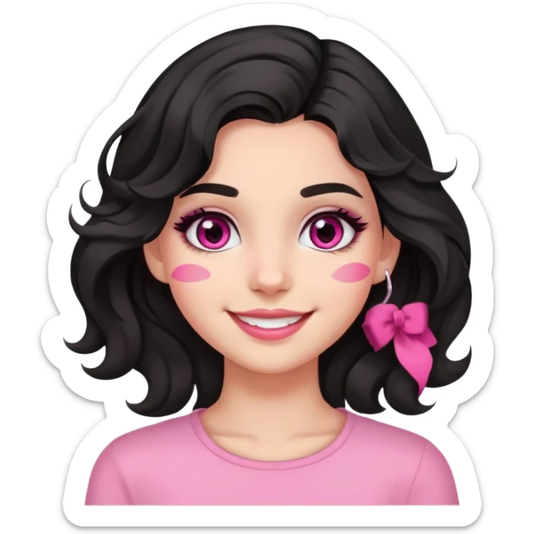 smiling girl with black wavy hair swept to the left, pink eye makeup smudged, no pink on cheeks sticker