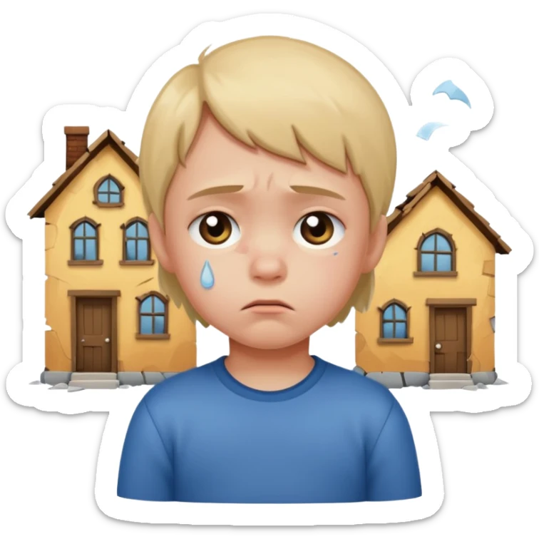 apple style emoji of a small child sitting sadly with broken houses nearby sticker