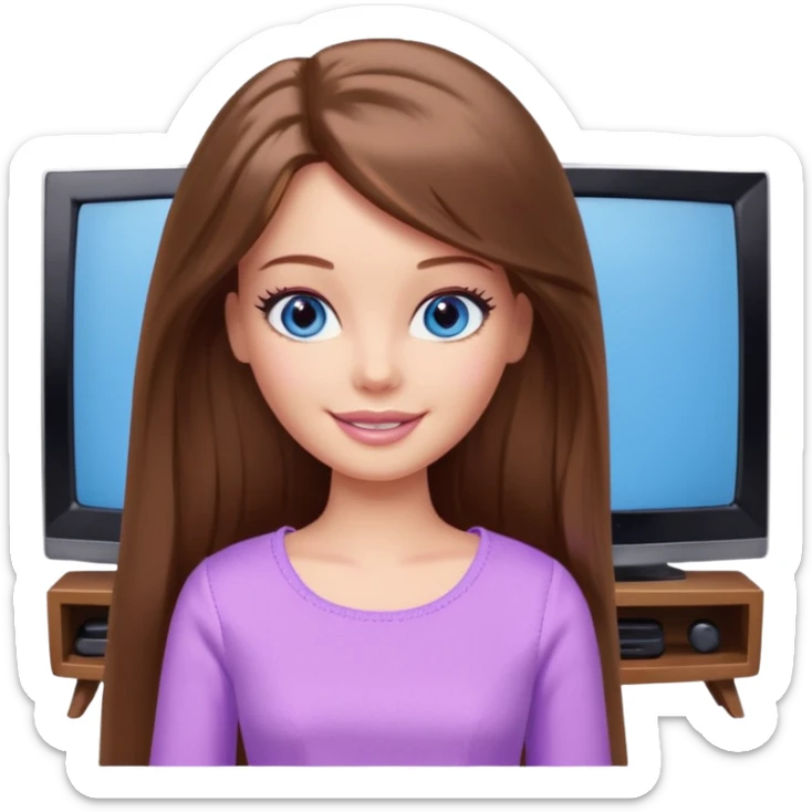 beautiful barbie girl with long brown hair, blue eyes and wearing light purple clothes watching netflix on tv sticker