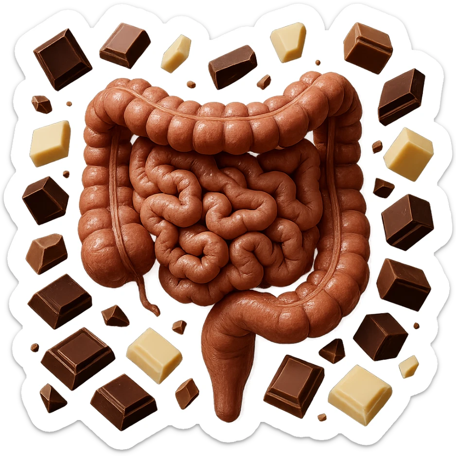 pezzetti di cioccolato fondenti, al latte e bianchi fluttuano intorno ad un intestino umano anatomico realistico, IPERREALISTICO 4K sticker