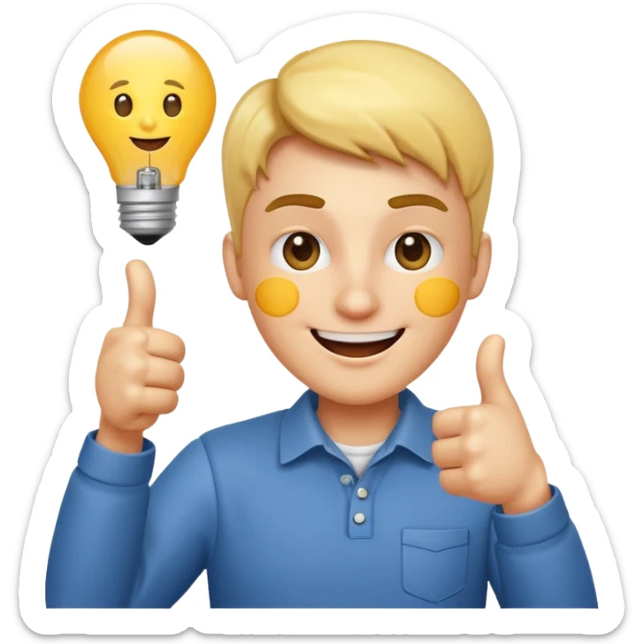 playful product owner emoji, person with a lightbulb and product diagram, winking and giving a thumbs up sticker