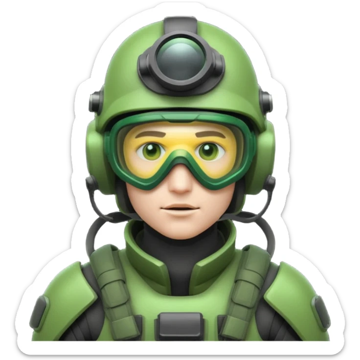 white-skinned male futuristic soldier in green high-tech gear, ultra-modern helmet with night vision goggles, mask, cool and brutal, emoji style sticker