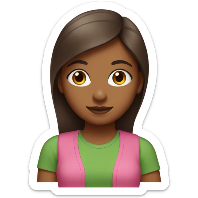 brown girl with straight hair wearing pink and green t-shirt that says “AKA” sticker