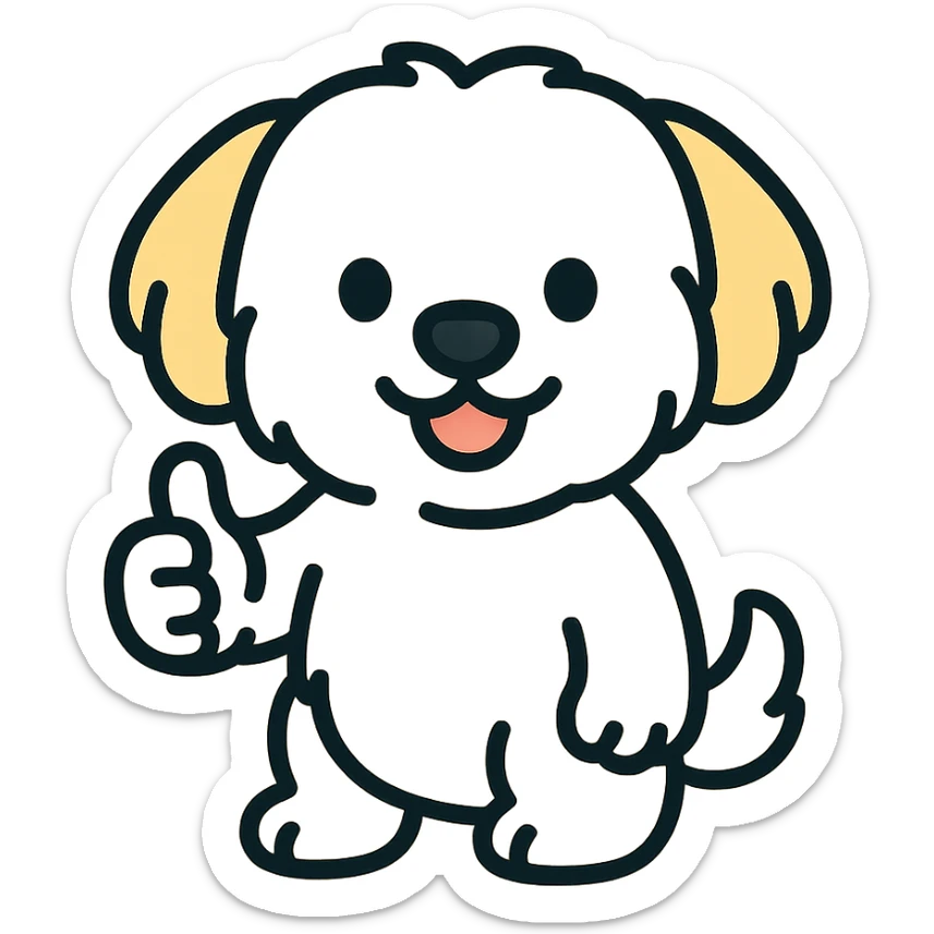 cartoon Maltese puppy giving a thumbs up, vibrant colors, outlined sticker