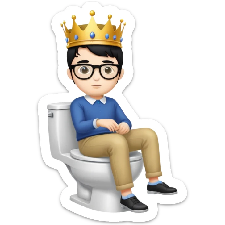 King with crown sitting on a toilet, wearing round glasses and black hair sticker