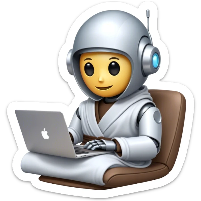 An emoji of a remote-working robot, sitting comfortably with coffee and laptop wrapped in a cozy bathrobe. The robot's head resembles a sleek, futuristic helmet with a smooth, reflective surface. Its eyes are not human-like but rather glowing digital slits or circular LED indicators. sticker