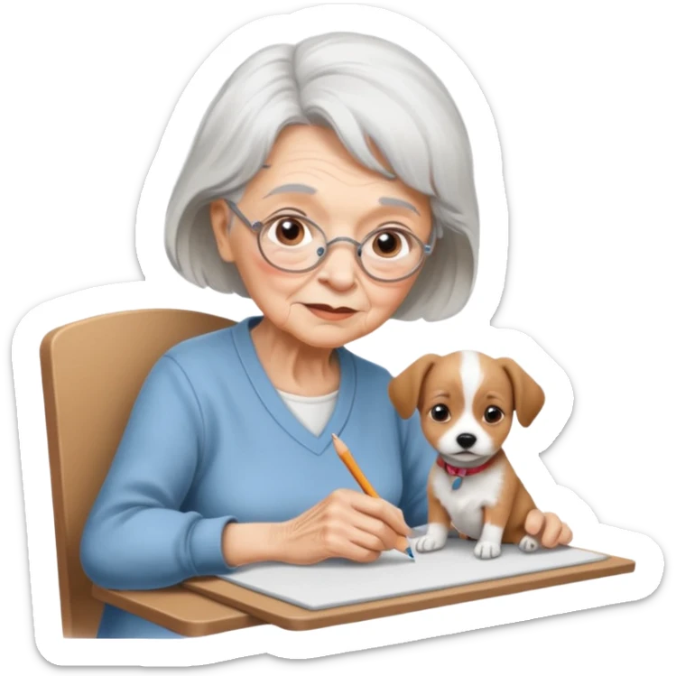 An elderly woman sketching, art board,nice picture, puppy face pencil art style. sticker