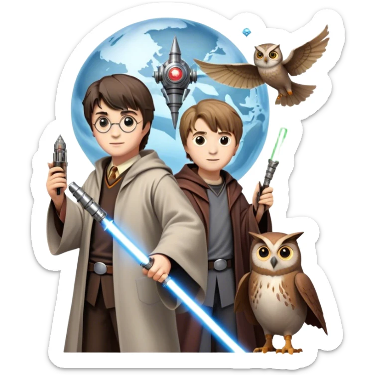 Icon for Fantasy and Sci-Fi Movies: Collage featuring Harry Potter with his wand, Dumbledore. Luke Skywalker with a lightsaber and futuristic robots. Background with a magical planet, Hogwarts, flying owls and spaceships. Epic and magical atmosphere. Transparent background. sticker
