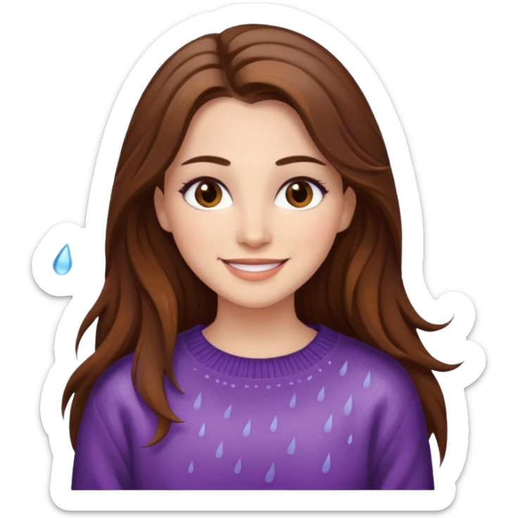 white woman with long brown hair and brown eyes, wearing a sweater, smiling in the rain, with makeup sticker