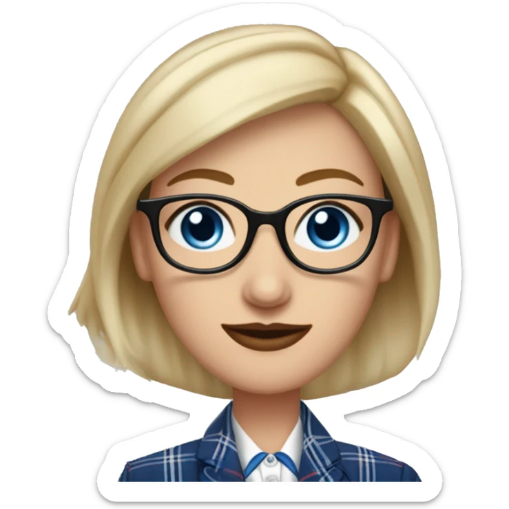 A bald aquiline nosed Caucasian woman with protruding blue eyes that are crossed outward, wearing square plastic eyeglasses, a baseball hat, small hoop earrings, a plaid men's tuxedo with blue plaid overcoat red bowtie and pants sticker