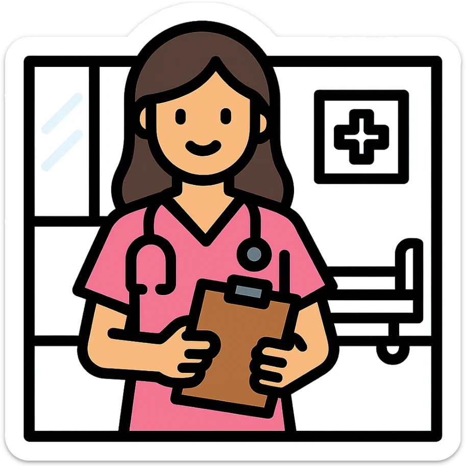 female doctor in pink scrubs, holding a clipboard, smiling, hospital background, clean vector style sticker