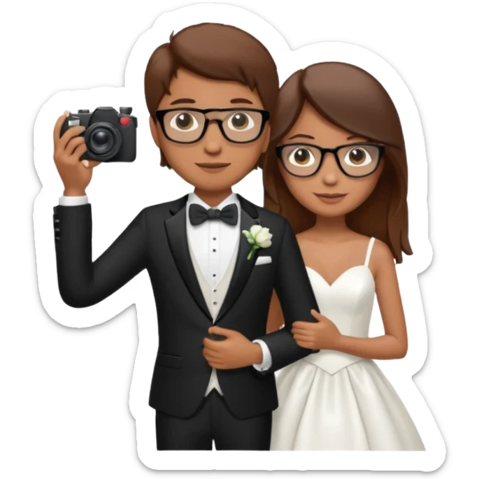 Un fotógrafo con pelo moreno, gafas, cámara en la mano derecha, fotografiando una boda sticker