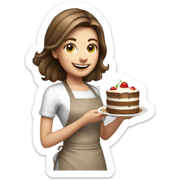 happy white girl- brown hair- cooking holding food cake  sticker