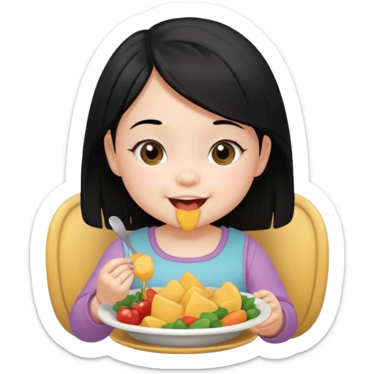 eating food well baby with happy face black hair girl sticker
