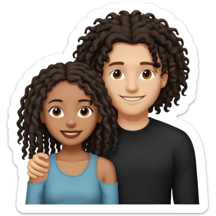 Creamy white boyfriend with medium curly dark brown hair with a dark black girlfriend with shoulder length thin curly dreadlocks sticker