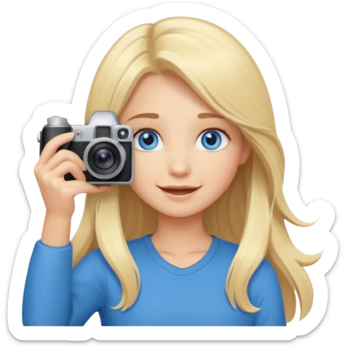  blue eyes blonde girl photographer cartoon taking picture in middle of taking picture camera in front of face long hair smiling funny flash professiona sticker