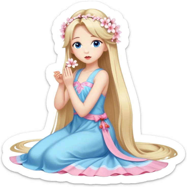 Girl with long blond hair and sakura accessories on her hair with a long tailed dress on the ground and have blue eyes beautiful finish and she sending lovely kisses  sticker