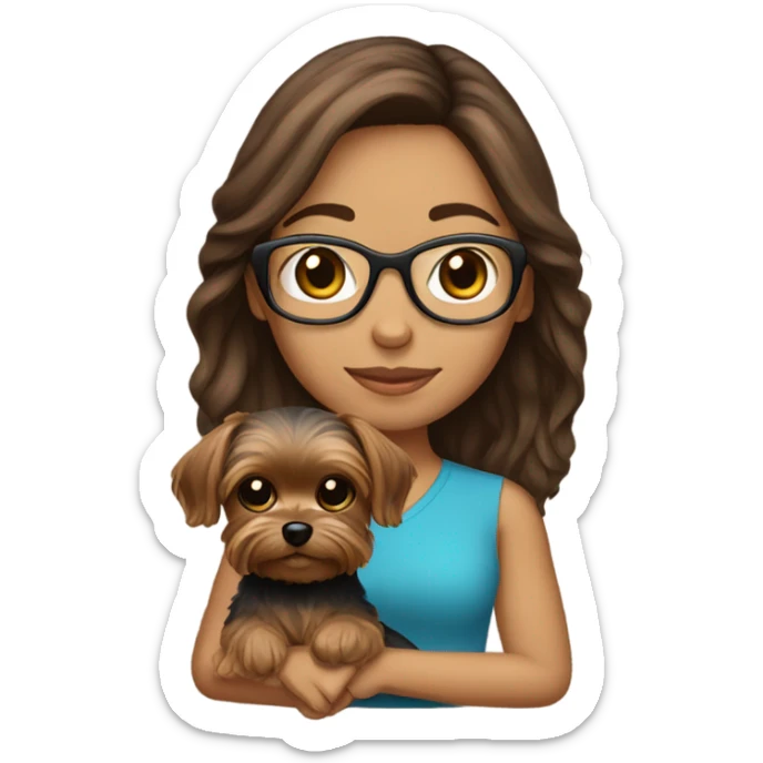 Hispanic, Brown hair, girl with glasses holding tan yorkie dog sticker