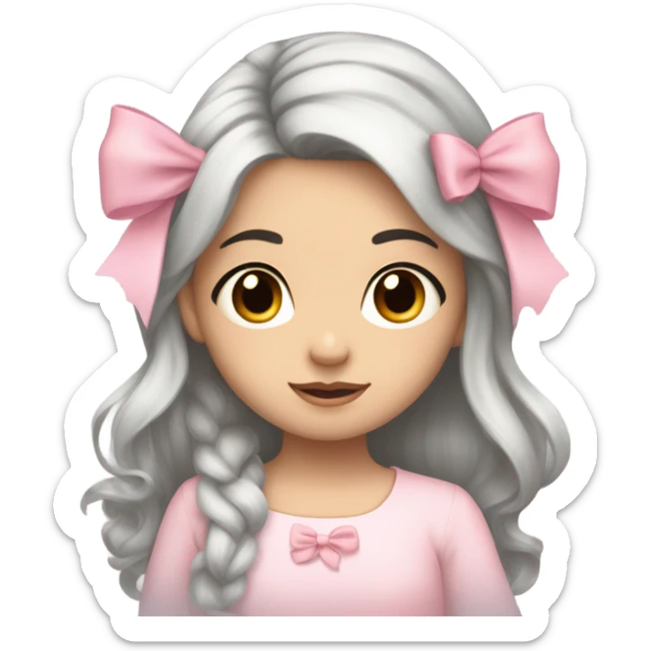 Long black hair  white girl with cute baby pink swetear and bow in her  hair with brown eyes and pretty face  sticker