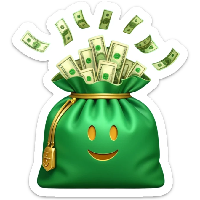 

3D emoji style, big bag of money, flying dollar bills, rich casino vibe, smooth lighting, high detail, clean edges, transparent background



 sticker