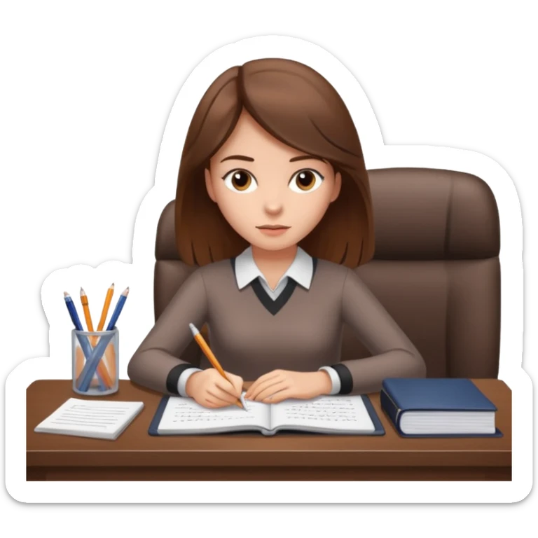 a girl with brown hair on a desk writing on a note book with a lot of papers around and on the papers is writing business strategy  sticker