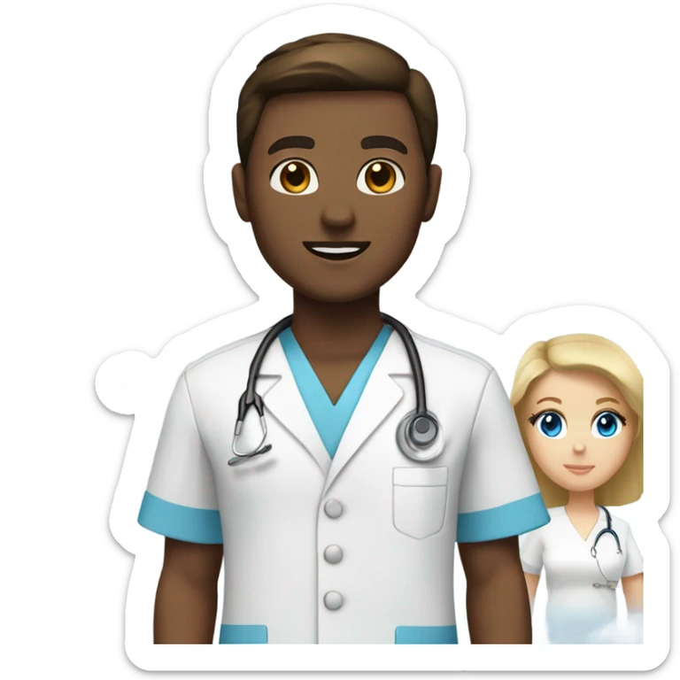 Nurse with blue eyes brown hair and white scrubs and doctor with blonde hair blue eyes and blue scrubs  sticker