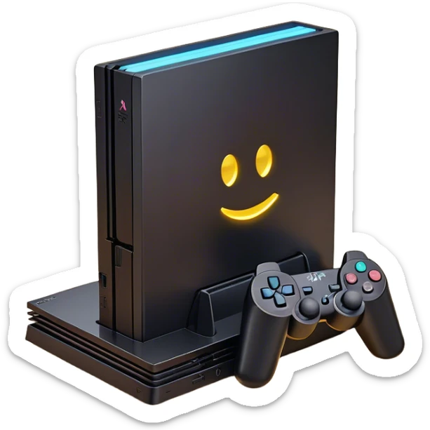 Clash of Clans aesthetic: Cinematic Playful PlayStation 2 Slim Portrait Emoji, rendered in a 3D vector-style similar to standard emojis with minimal shading and bold, simplified shapes. A compact, distinct form with signature details, softly glowing with a cutting-edge console technology charm. Simplified yet unmistakably iconic, highly detailed and consistent, glowing with a soft radiance and high shine. Stylized with a touch of technological advancement and a soft glowing outline, capturing the essence of a beloved gaming relic with a friendly, playful manner! sticker