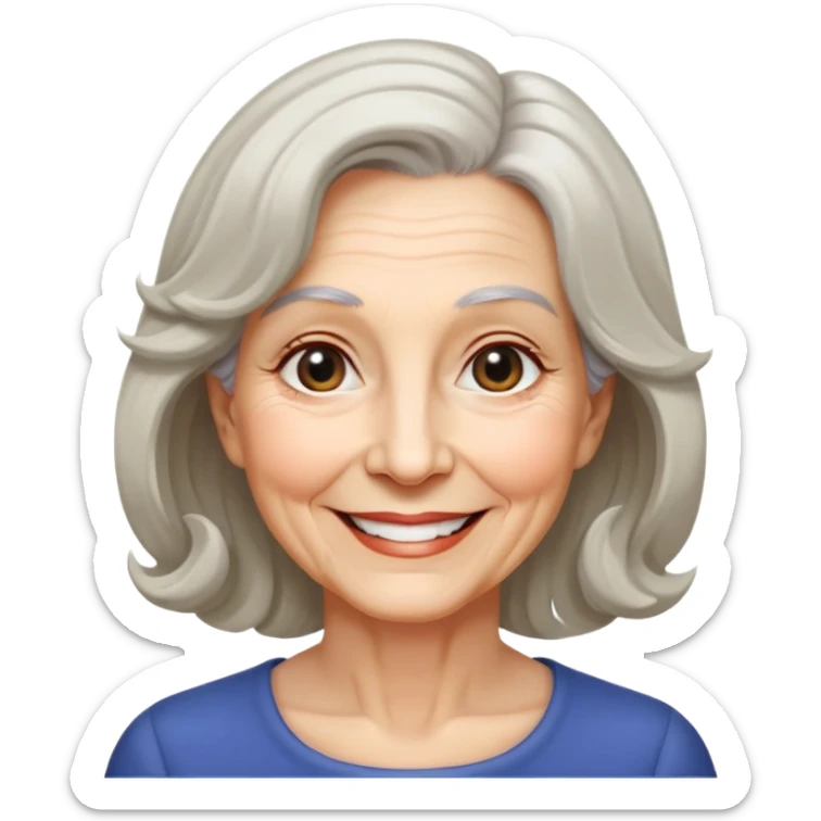 "- Nữ
- 70 tuổi
- Da trắng
- Tóc ngang vai, xoăn nhẹ
- Mặt cười, mắt đen sticker