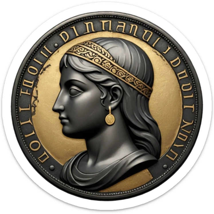 Emoji style, ancient coin made of blackened metal, “FORTUNA” engraved in refined fashion typography, heavy form, subtle worn metal texture, avant-garde editorial aesthetic, no glow, no neon, flat emoji design, centered, transparent background sticker