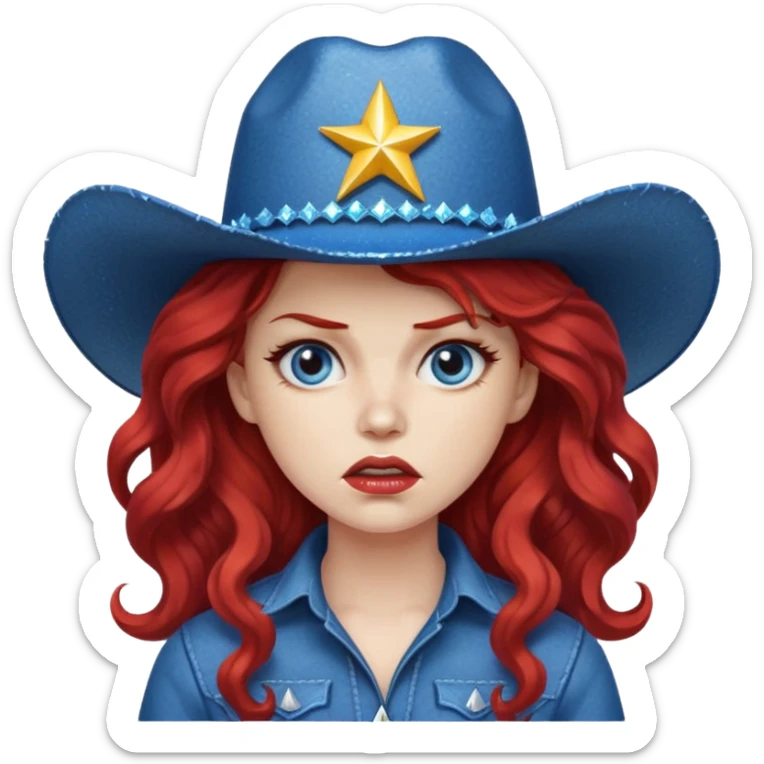 Angry woman with big red wavy hair wearing sparkly blue cowboy hat  sticker