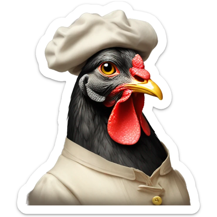 A hen wearing a painter's smock, engrossed in painting a portrait of an elegant French lady sticker