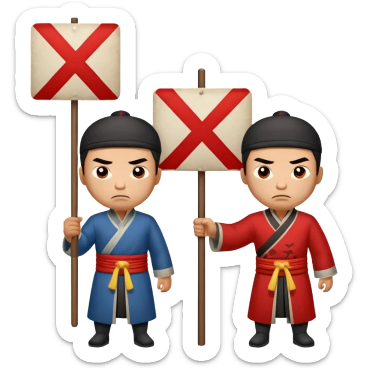 qing empire man who is of han ethnicity who looks angry that is holding a sign that has a red x on it to another man who is not han ethnicity who looks sad sticker