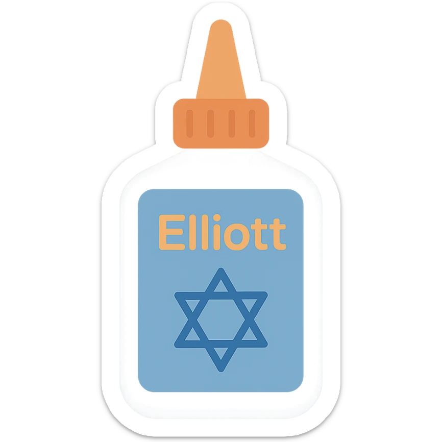 crazy glue bottle labeled 'Elliott' with a Star of David, clear colorful icon style sticker