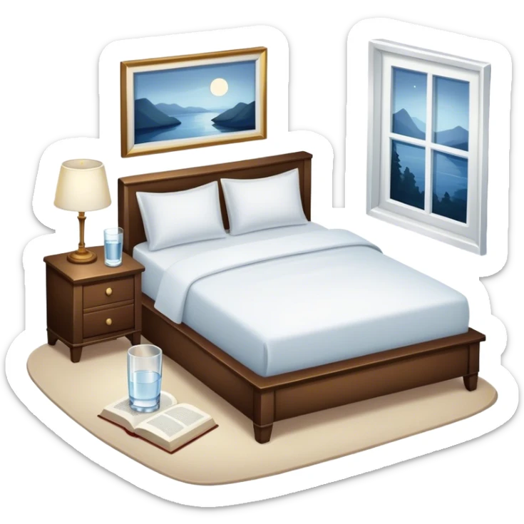 A dimly lit white bedroom. The bed is neatly made, and a glass of water sits beside a book on a cozy nightstand. Soft lighting signals a peaceful wind-down, representing the calm and control that comes from reclaiming your evenings. sticker