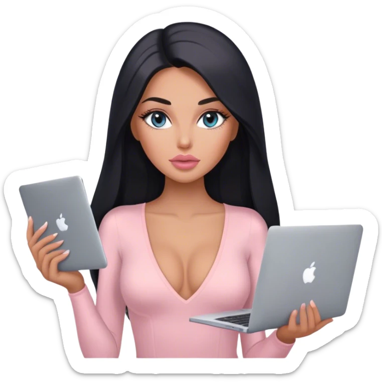 Glamours, tanned, very beautiful girl, with big pump peach-beige-rose lips, long lashes, black straight smooth silky long hair, straight parting hair, blue-grey eyes, in light-pink v-neck bodysuit holding MacBook sticker