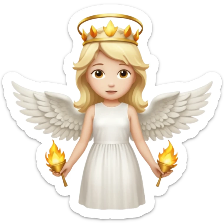 Full-body emoji-style angel: blonde hair, golden flame crown, halo, large wings, white dress, full body visible from head to feet, cute smooth emoji look. sticker