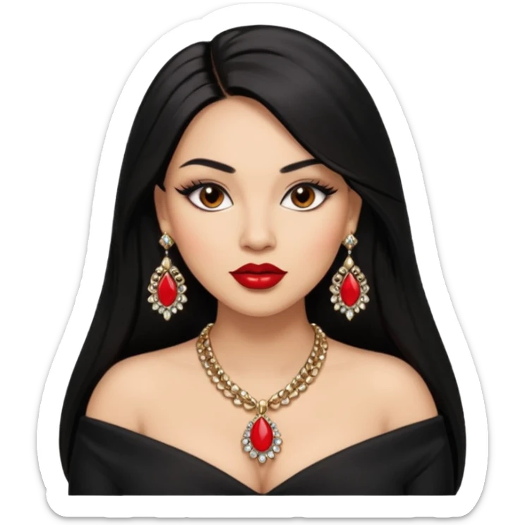 Light skin brown eyes glamorous full figured women black long straight hair red lips necklace and earrings long lashes sticker