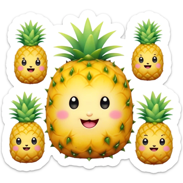 Cute Kawaii Pineapple, tiny and round, bright golden yellow with a spiky green top, chubby cheeks, playful winking expression, soft pastel textures, sweet and tropical vibes! sticker