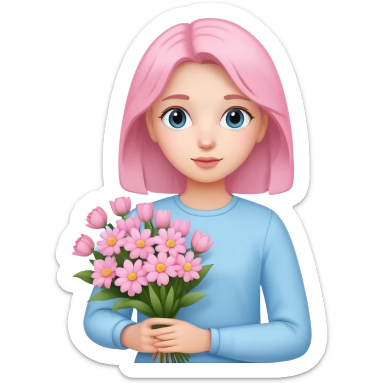 girl wearing pastel blue clothes holding a bouquet of pink flowers sticker