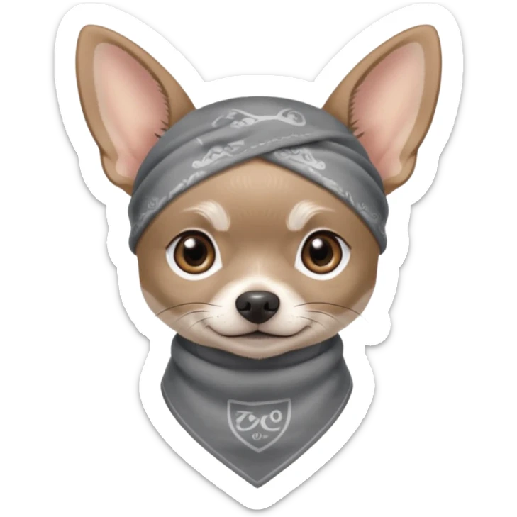 Make a cute Gray Chihuahua wearing a Gray earthy tone bandana with the logo TCO on the bandana sticker
