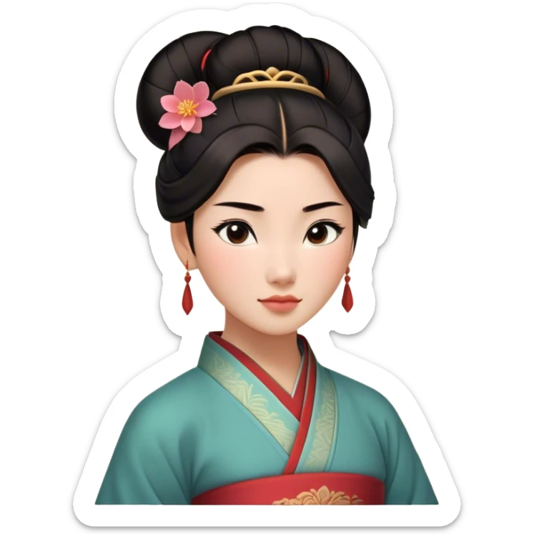 Cinematic Realistic Serene Mulan Portrait, showing Mulan (chest and above) with radiant, smooth skin and delicately detailed dark hair swept back in a neat bun. Her gentle, reflective expression is captured with soft natural lighting that highlights the nuanced textures of her features and traditional attire in muted hues. The composition glows with an inviting, natural radiance and subtle shadows, evoking a calm and introspective mood that speaks of quiet strength and enduring beauty. sticker