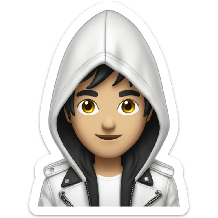 Punk male with hood wear white leather jacket with dark hair sticker