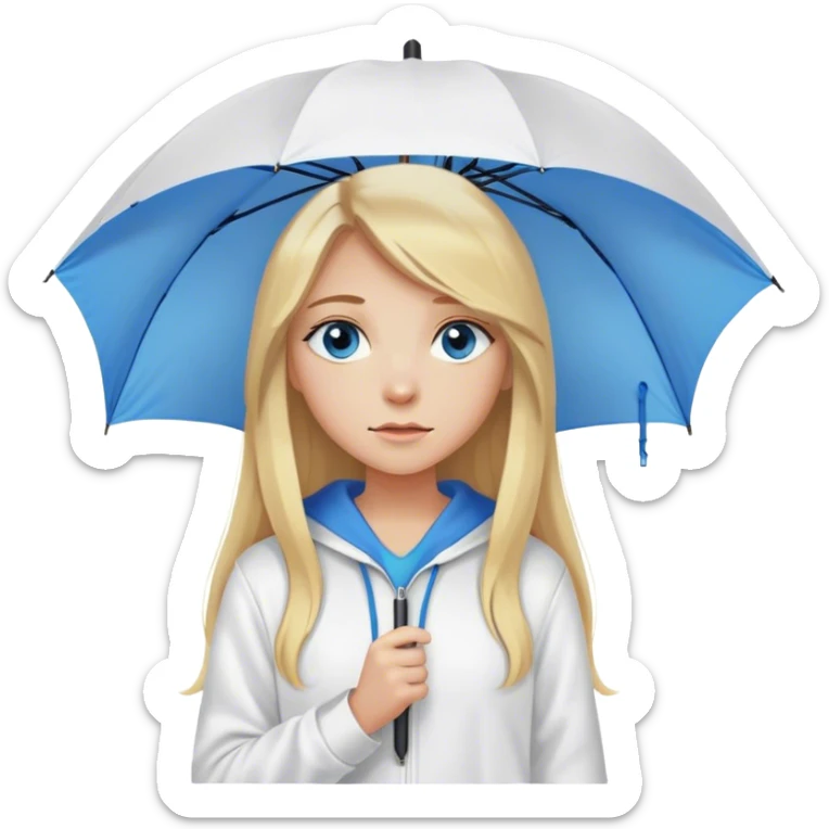 Cinematic realistic emojis in the form of a blonde girl with long hair, blue eyes, wearing a white hoodie, holding an umbrella over her sticker