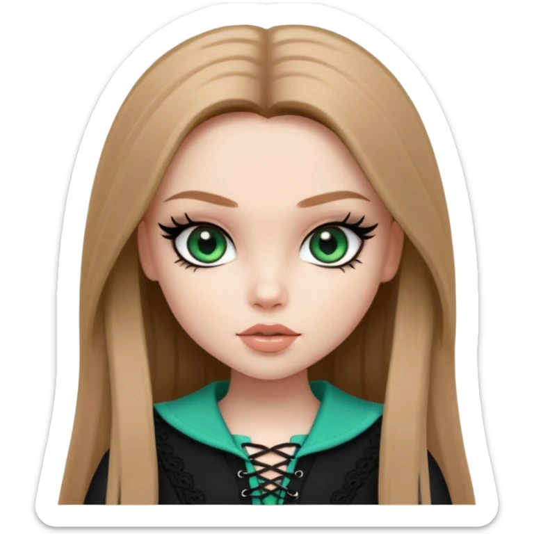pretty bratz girl, long straight light brown hair, jade green eyes, black eyeliner, pale skin, dark black feminine clothes with laces sticker