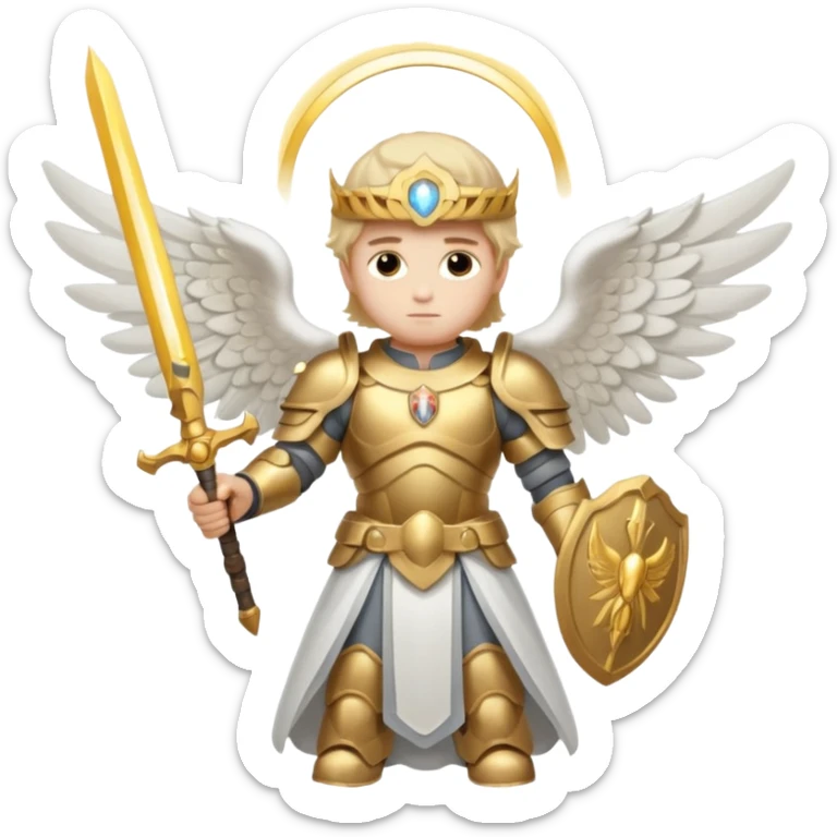 Michael the archangel is usually shown in emoji form as a brave, armored figure with a bright halo, wings, and a weapon.  sticker
