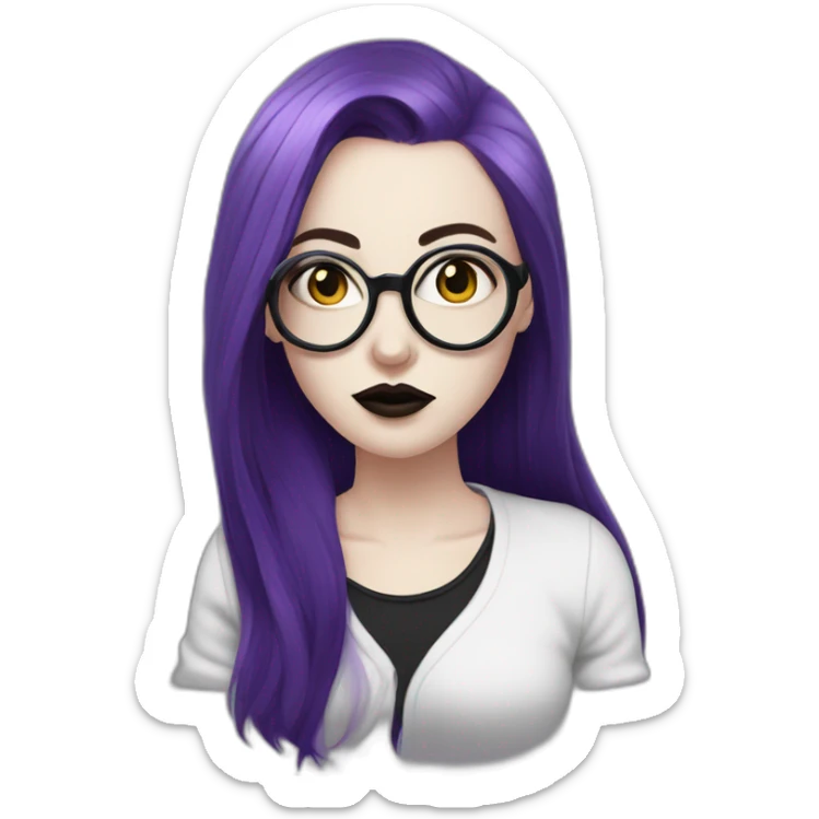 goth woman with long side parted purple hair and oval glasses, pale skin, sticking out tongue sticker