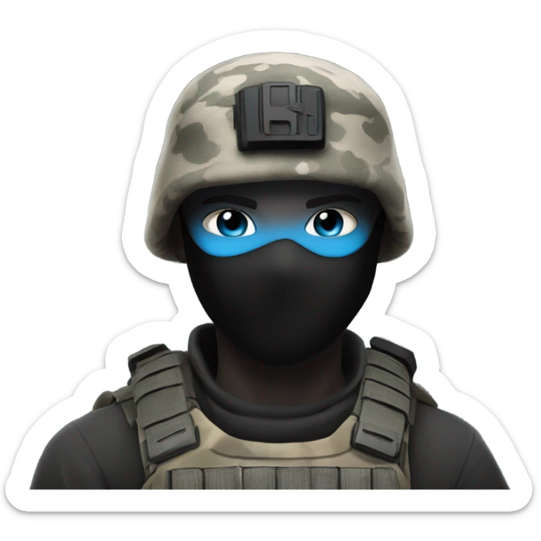 male, pale skin, call of duty black face mask, camo tactical gear, combat boots, black beanie, blue eyes sticker